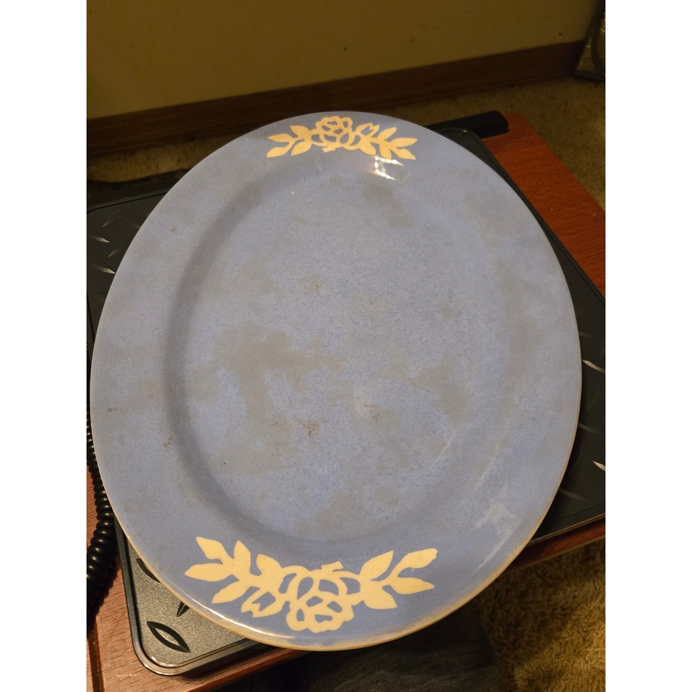 Vintage Harker Pottery White Rose Carv-Kraft Blue Oval Serving‎ Platter 13 Inch